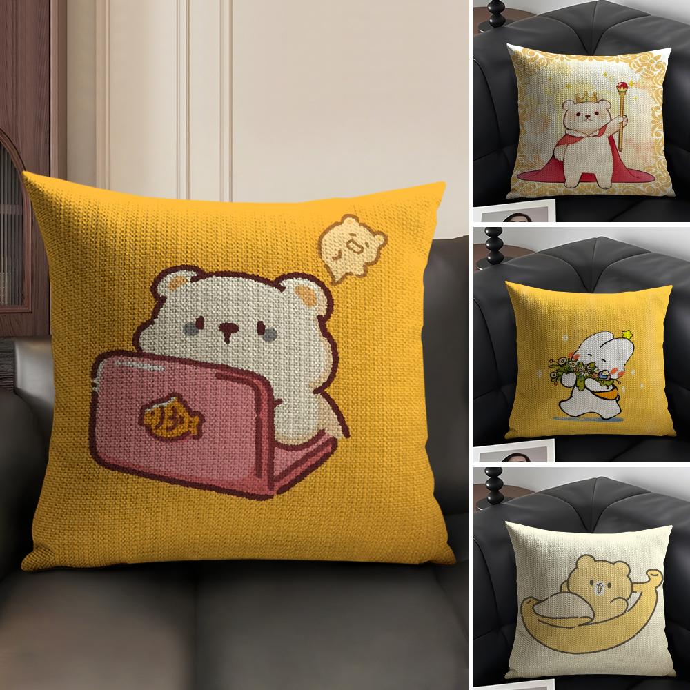 Fashing Sleeping Polar Bear Cartoon Pattern Pillow Case Natural Linen Double-Sided Printing Sofa Home Decor Cushion Cover