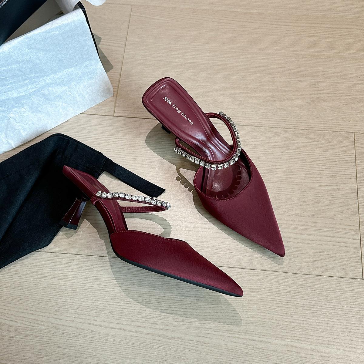

623-2 туфли-лодочки на высоком каблуке премиум-класса с острым носком, новые французские туфли-лодочки с полуоткрытой пяткой и цепочкой из страз, туфли-лодочки на тонком каблуке 40 бордовый