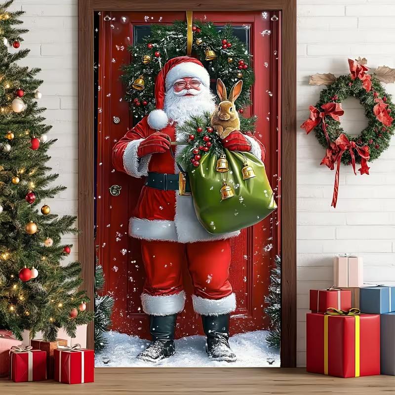

2D Santa Christmas Door Banner Red Suit Santa with Bunny for Holiday Party & Celebration 47.2x31.5inch/120*80cm