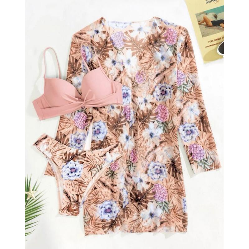 Dámská sada bikin s květinovým potiskem Sexy třídílná plážová pokrývka nahoru Push Up Léto s dlouhým rukávem Twist plavky