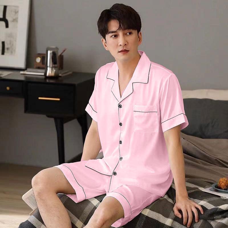 2025 Spring Men's Solid Color Ice Silk Cardigan Pajama Set - Short Sleeve & Shorts