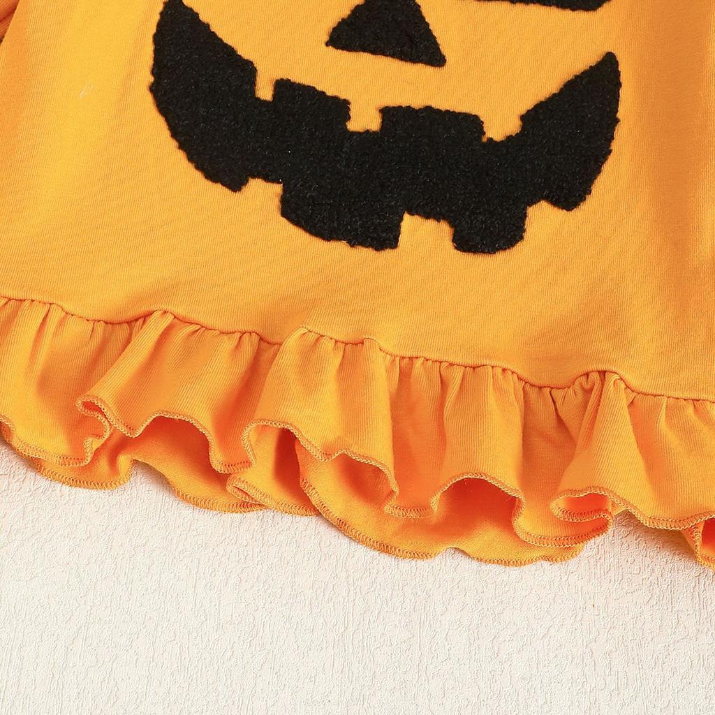 Baby Mädchen Halloween Kürbis Stickerei Pullover Rundhals Langarm Sweatshirt mit Elastischer Taille Schlaghosen Set
