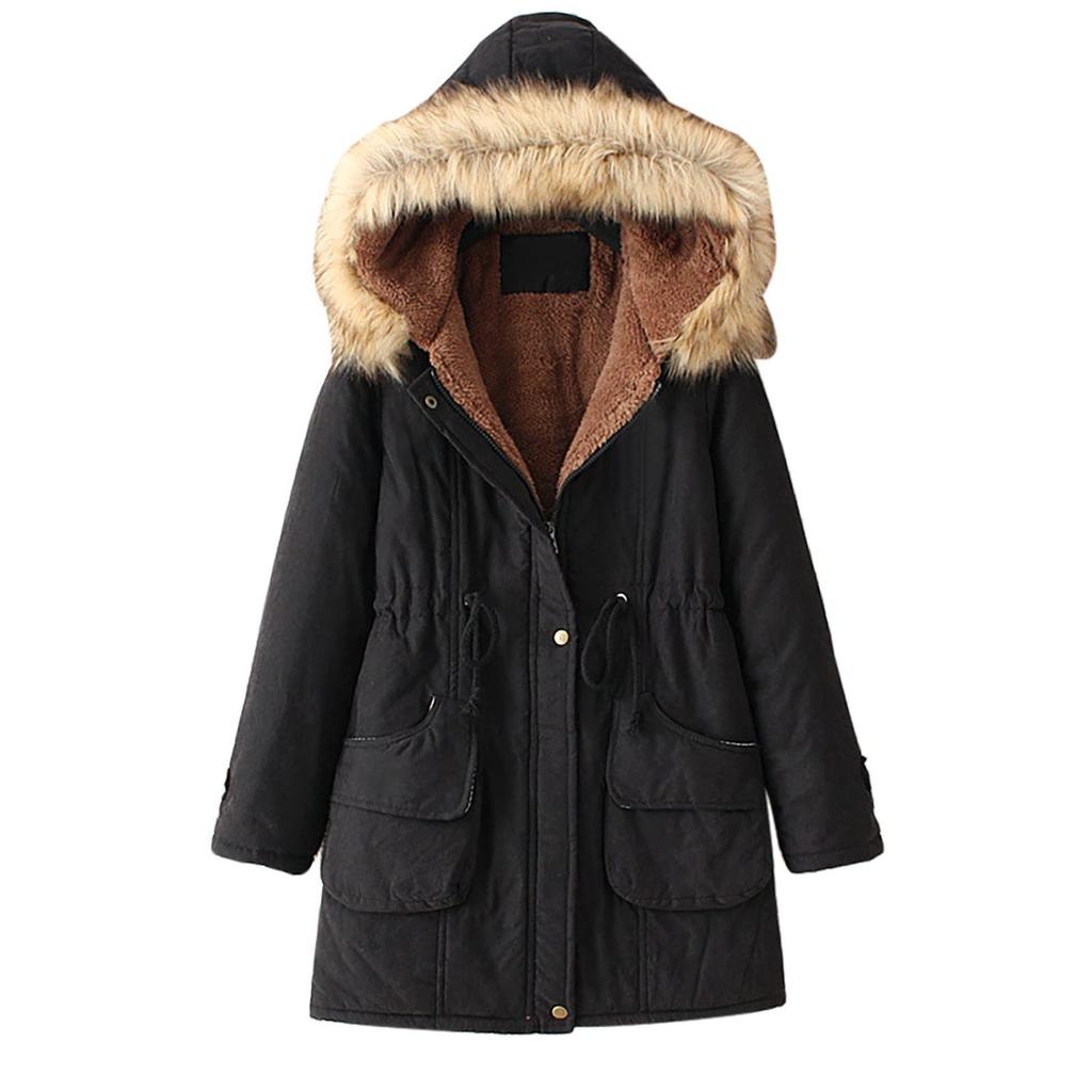 Women Hooded Plus Velvet Corduroy Coat Ladies Winter Cotton Coat Thickened Mid Length Warm Jacket