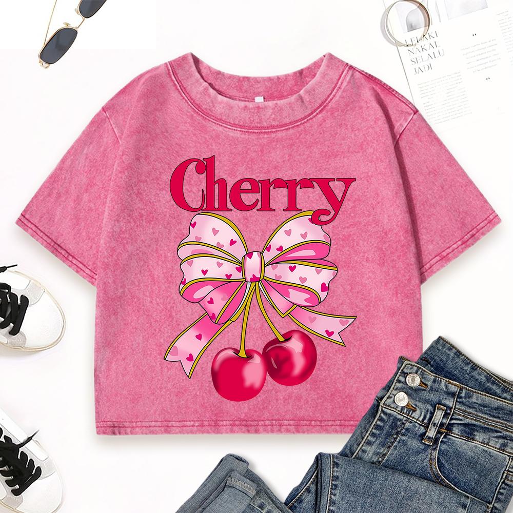 Pink Bow Cherry Fruit Printing Women Washed T Shirt Street Crewneck Top Casual Summer Short Sleeve Cotton T-Shirts