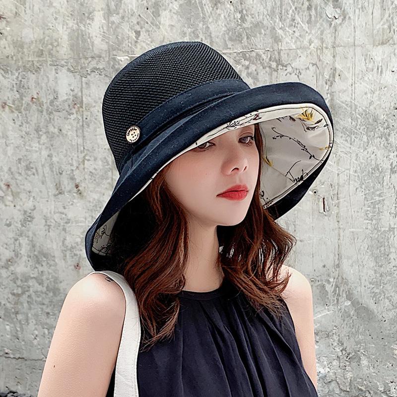 Summer Women's Double-sided Bucket Hat Korean Version Mesh Pattern Button Pot Hat Outdoor Sunscreen Hat