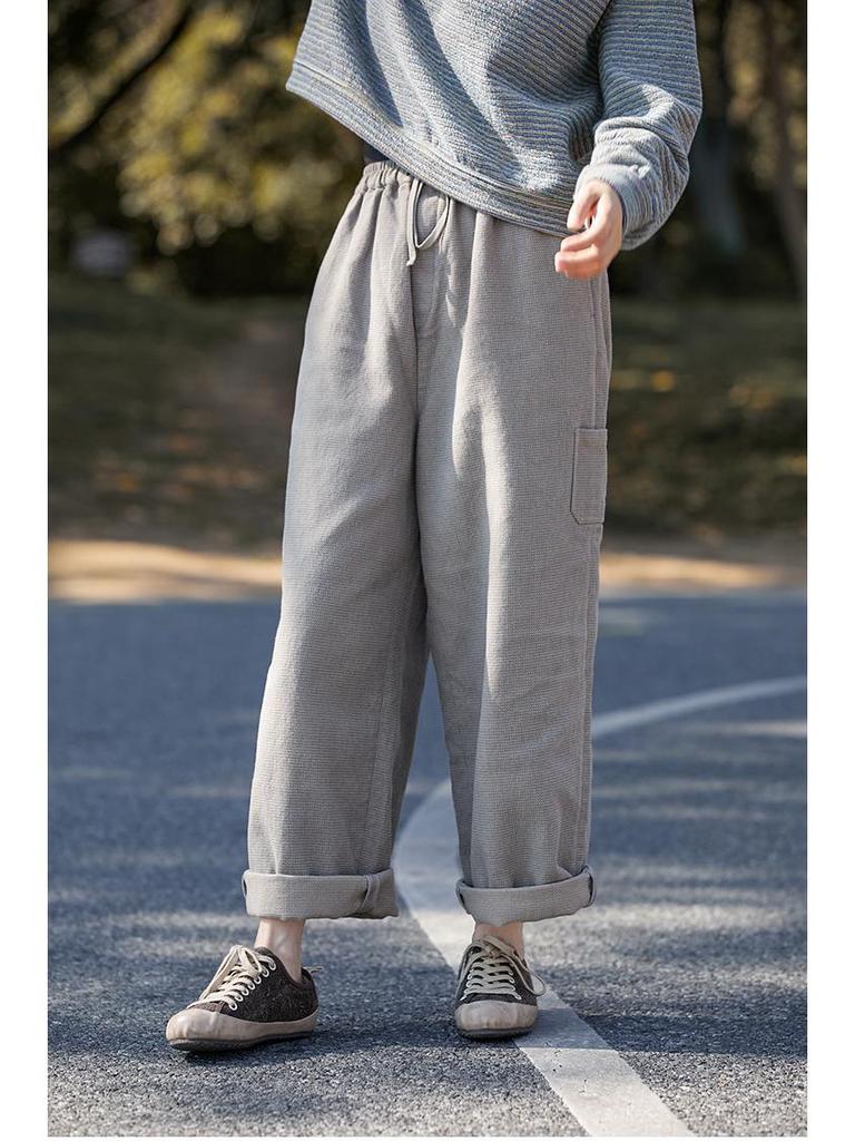 Women's Retro Gray Cotton Elastic Waist Casual Pants