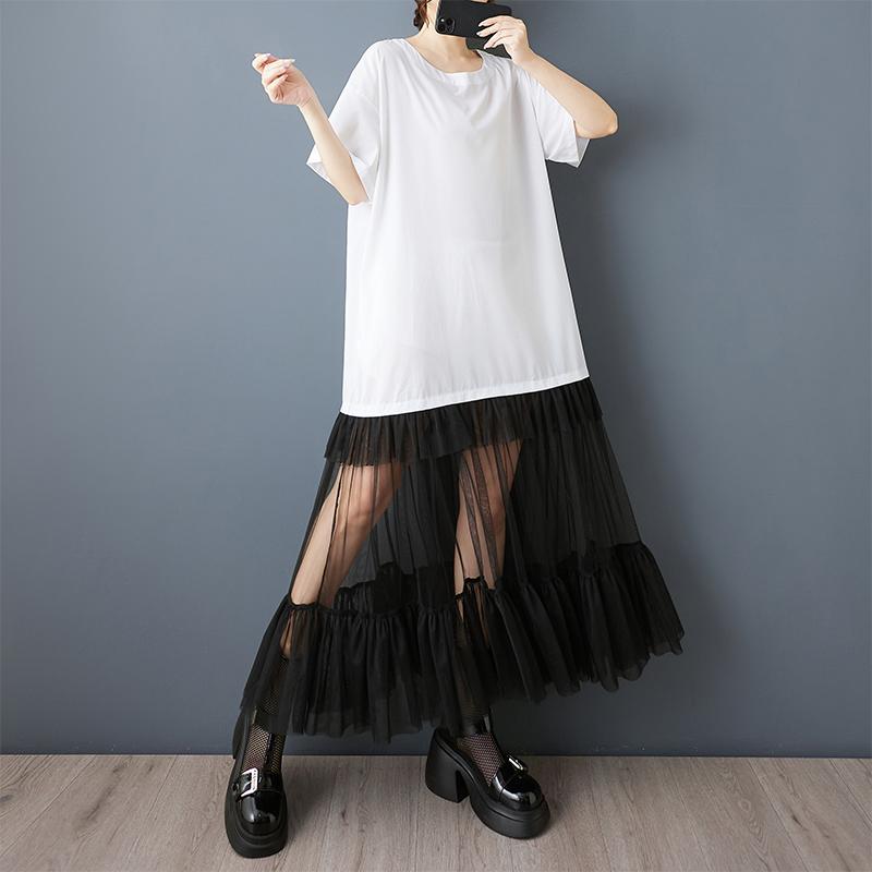 Dimanaf New 2025 Plus Size Summer Dress Women Lace Pleated Spliced Vintage Casual Loose Dress Maxi