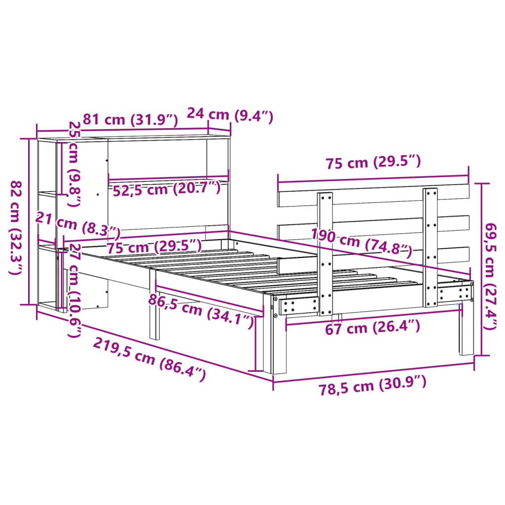 Bookshelf Bed without Mattress 75 x 190 cm Solid Pine Wood