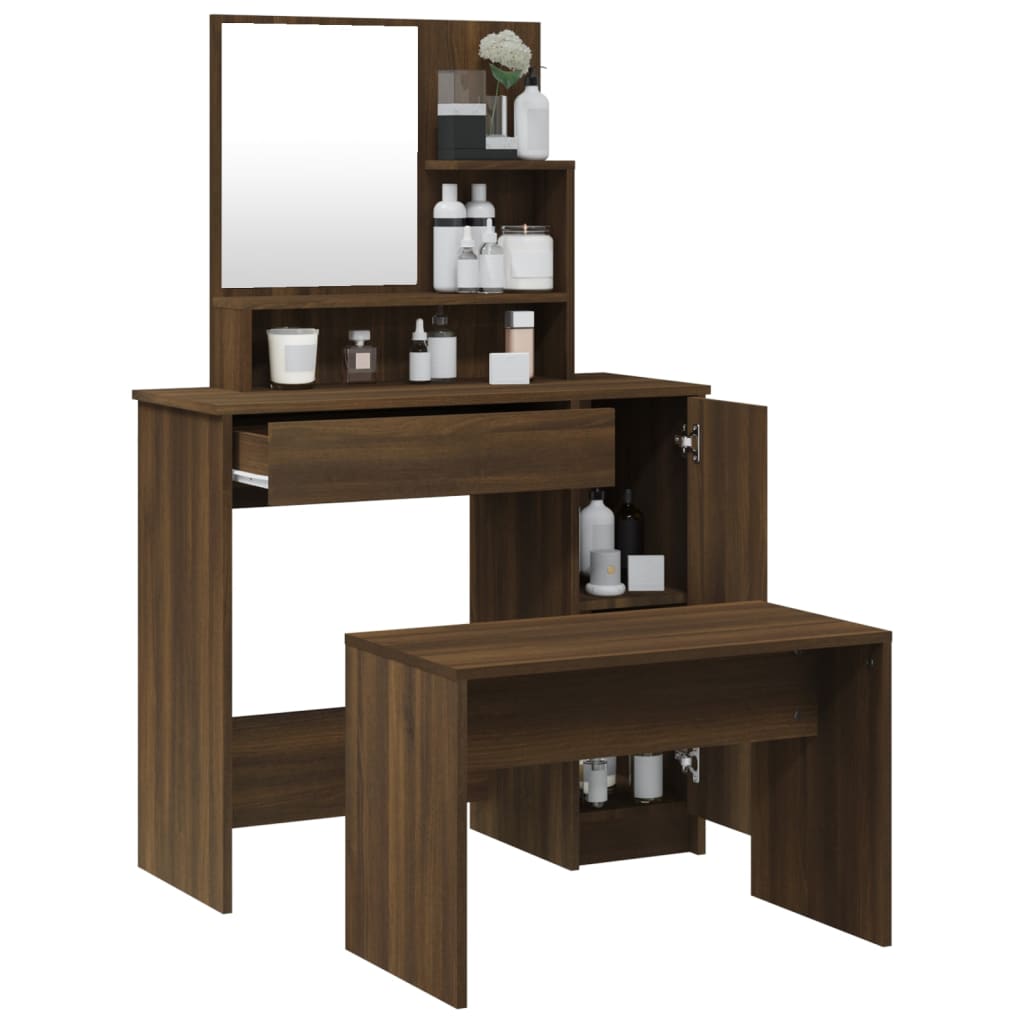Makeup Table Set Brown Oak Effect 86.5 x 35 x 136 cm