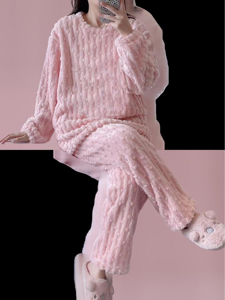 Women's Cute Cartoon Round Neck Flannel Pajamas - Warm Striped Coral Fleece Homewear Set for Autumn and Winter