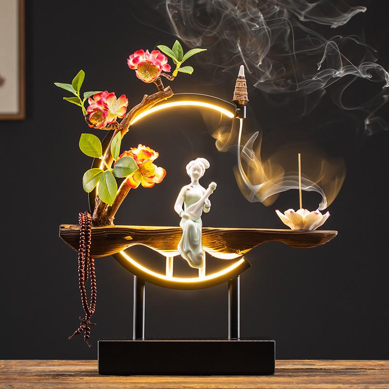 Chinese Style LED Ring Lamp with Backflow Incense Burner for Living Room Decor