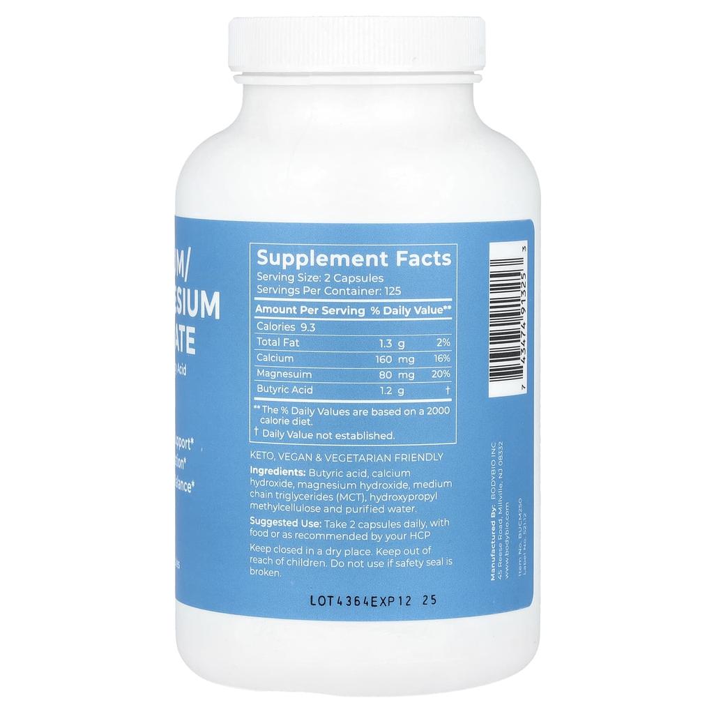BodyBio, Calcium/Magnesium Butyrate, Non-GMO Capsules, 250 Capsules