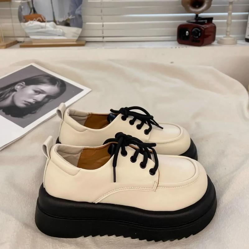 Fashion Ladies Pumps Loafers Women's Shoes 2025 Spring Autumn Round Toe Platform Middle Hee Lace Up Casual Leather Single Shoes Female