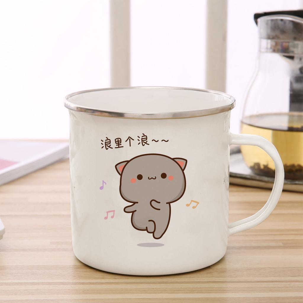 Peach and Goma Cat Enamel Coffee Tea Cup Cute Animal Breakfast Dessert Milk Water Cup Couple Gift