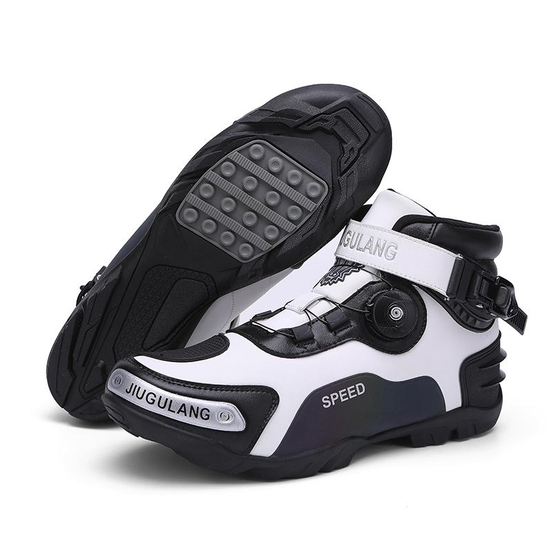 Unisex Leather Motorcycle Boots Large Size Rotation Button Anti Slip Anti Collision Riding Shoes