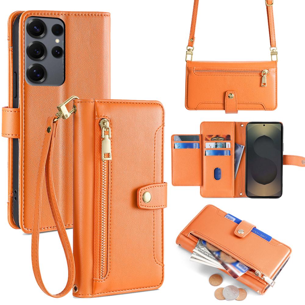 For Samsung Galaxy S25 Ultra Leather Case Zipper Pocket Wallet Phone Cover with 2 Straps