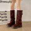 Neues Design Gürtelschnalle Quadratische Absätze Frau Ritter Hohe Stiefel Streetstyle Partykleid Lange Stiefeletten Herbst Winter Damenschuhe