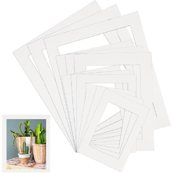 12Pcs Pre Cut Photo Matting Picture Mat Board Kit 5 x 7in/6 x 8in/8 x 10in/10 x 12in White Hollow Rectangle Paper Blank Display Album Pack