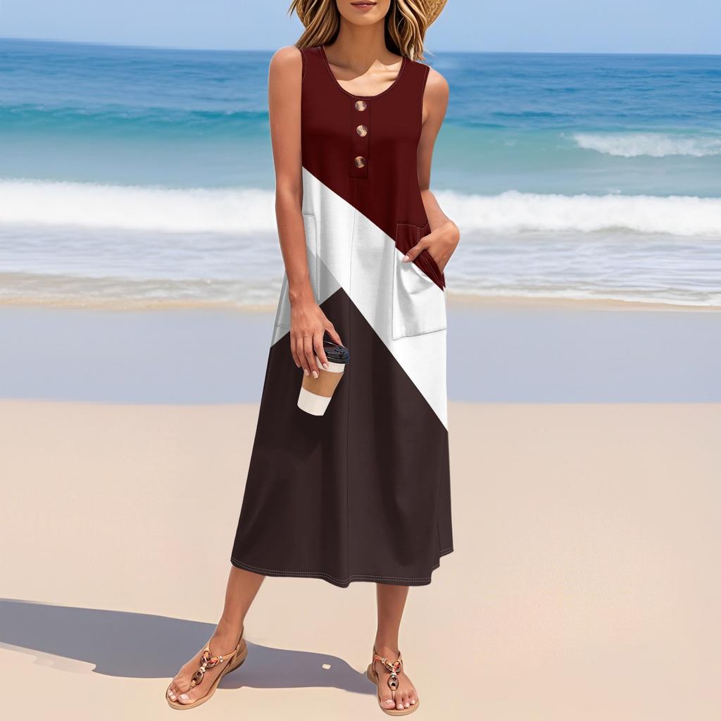 Women's Summer Vintage Color-block Patchwork Print Dress Sleeveless Button Down Casual Loose Long Beach Sundress