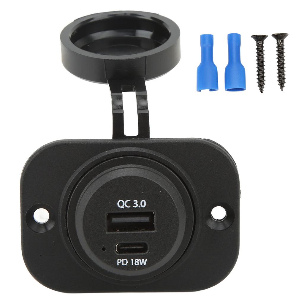 Dual Port Type C Car Charger with Waterproof Cover QC 3.0 PD 18W Universal for RV Boat SUV Sedan Mot