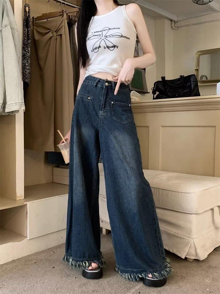 Summer 2024 Women's High-Waist Wide-Leg Retro Jeans with Raw Hem