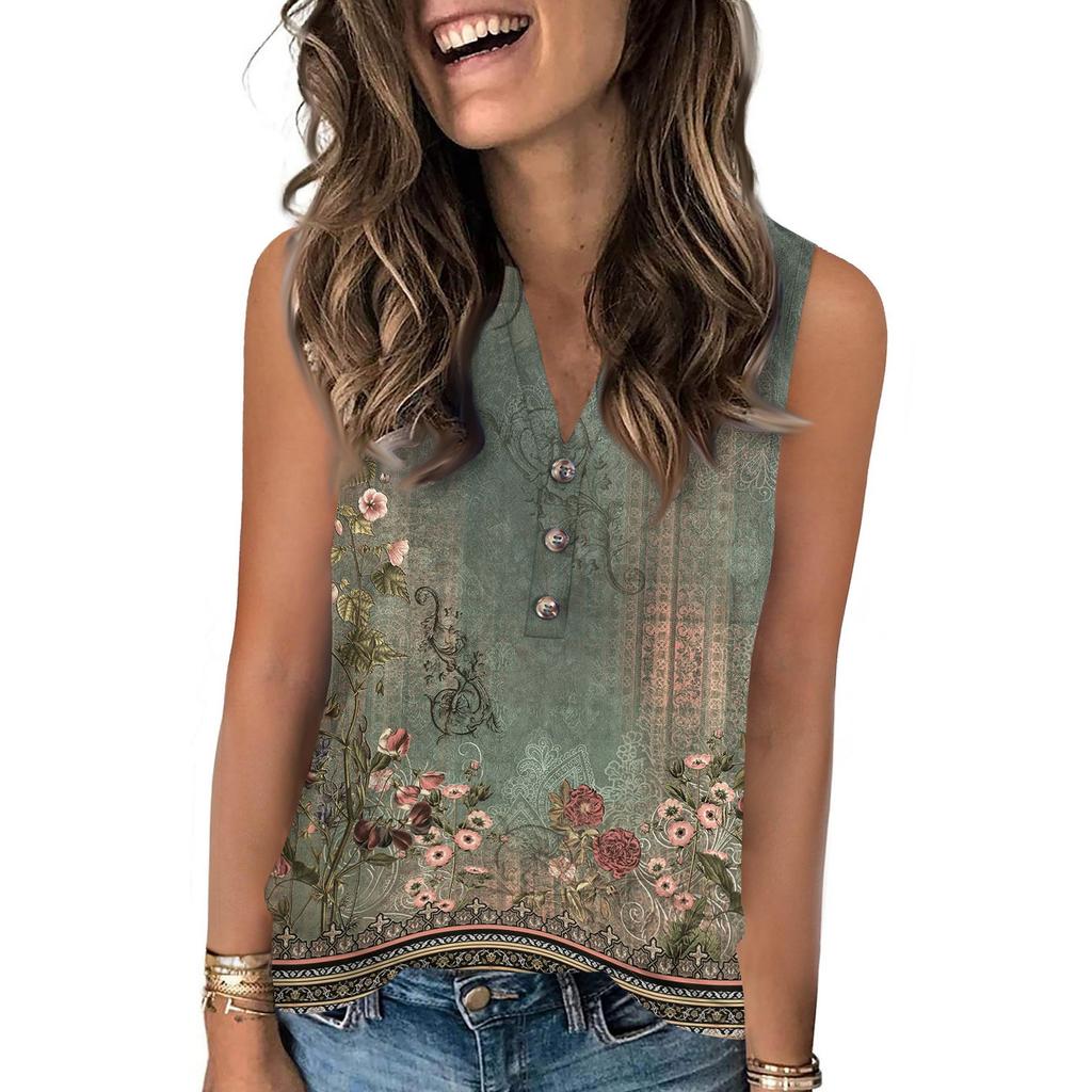 Women's Casual Fashion Summer Vintage Floral Print Tank Top V-neck Sleeveless Button-down Top