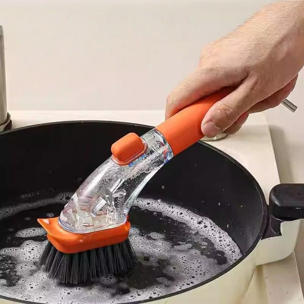 Press To Dispense Refillable Liquid Cleaning Brush with Soap Dispenser Long Handle Automatic Liquid Dishwashing Brush Non-Slip
