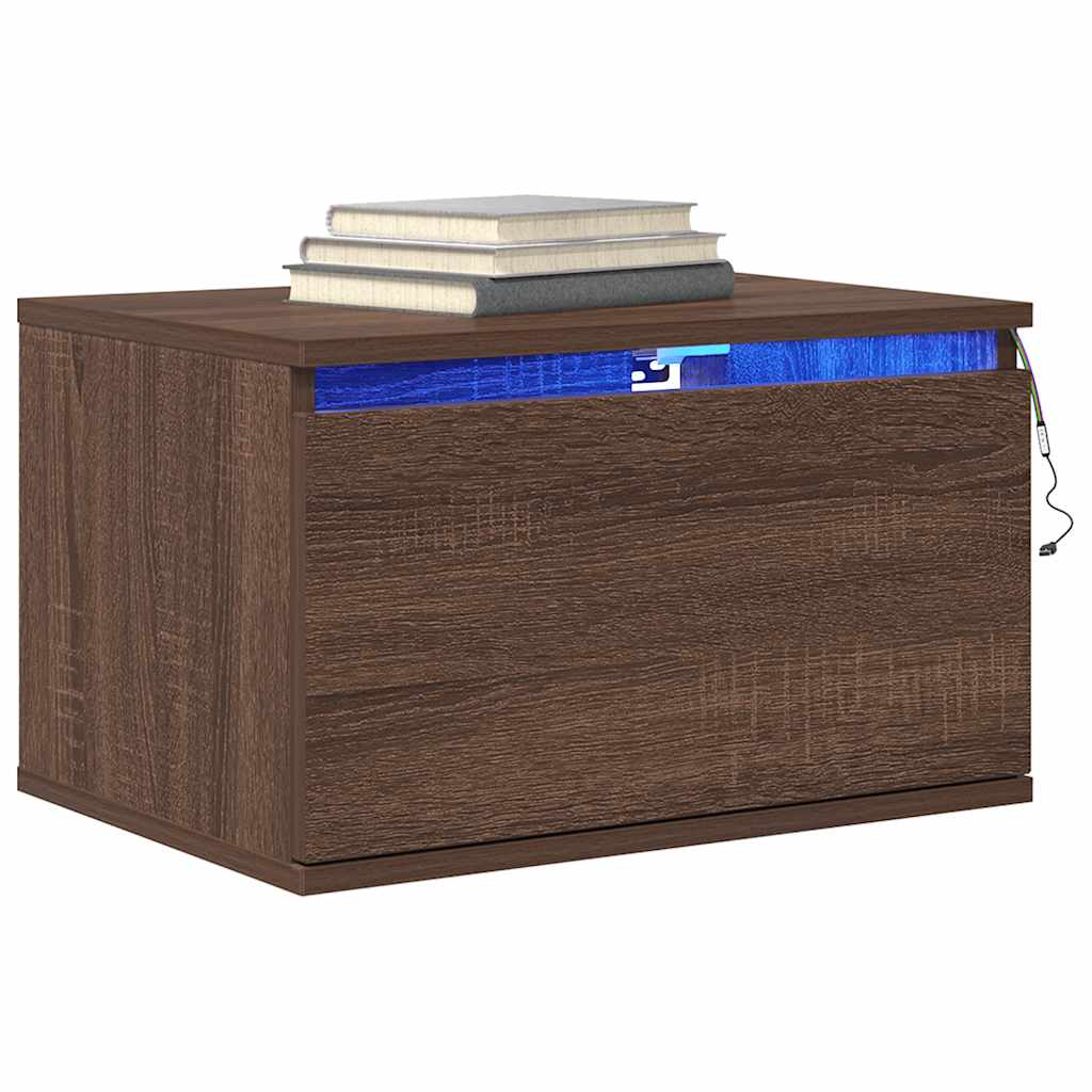Wall Mounted Nightstand with LED Lights Brown Oak Effect