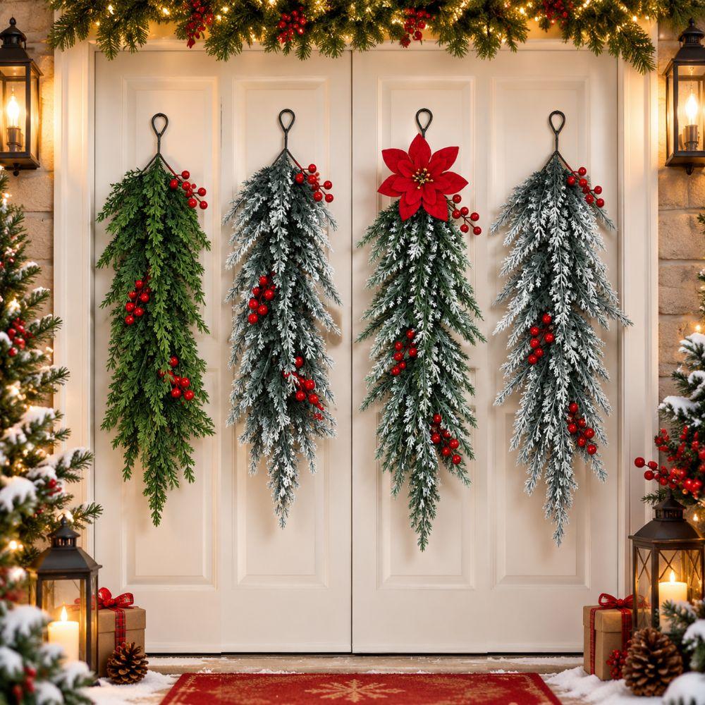 Flexible Branch Christmas Artificial Cedar Needle Red Berry Poinsettia Decor  Mantel Display