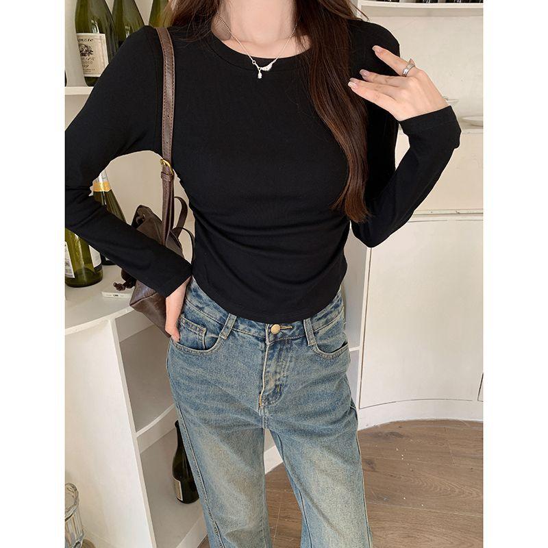 Tricou cu mânecă lungă, cu guler rotund, de bază, slim, pentru femei, pentru primăvară și toamnă, culoare uni, cu decolteu rotund, top slim