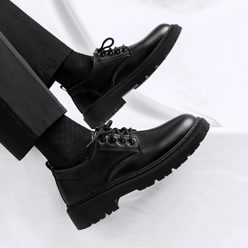 Men's Casual Leather Shoes Thick Bottom Leisure Trendy British Style Winter New Arrival Breathable round Toe Low Heel leather