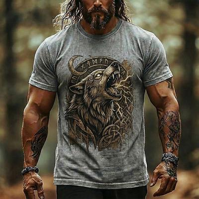 Viking Wolf Norse Rune T Shirt Men Washed Cotton Blend Graphic Tee Celtic Knot Mythology Streetwear Top Clothing Apparel S M L XL XXL XXXL