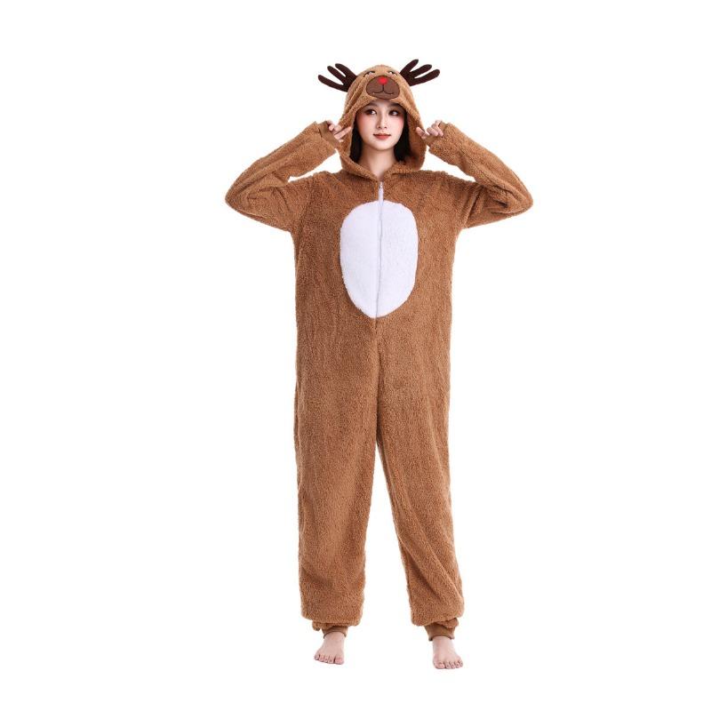 Christmas Dress Up Costume Cute Elk Caribou Flannel Hooded Onesie Stage Costume