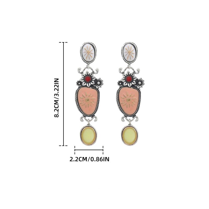 Vintage Exaggeration Alloy Drop Oil Flower Green Beads Dangle Earrings Bohemian Style Charm Holiday Party Jewelry Accessories