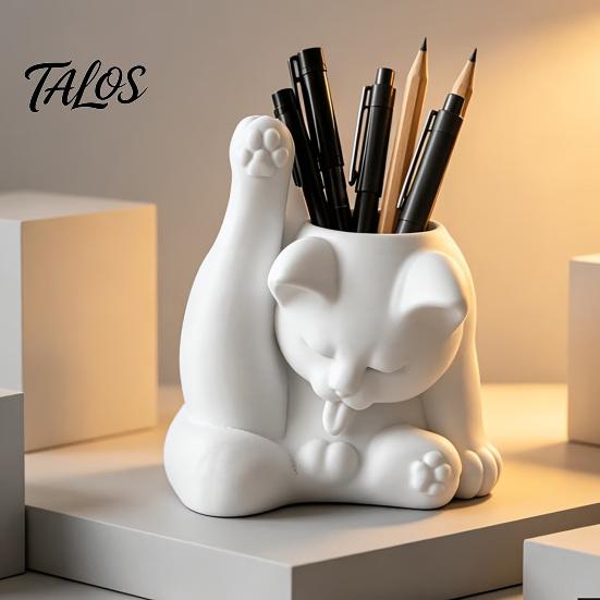 Talos Cat Pen Holder, Cute Resin Desk Organizer, Funny Figurine, Decorative Storage Statue for Office Supplies, Creative Desktop Home Decor