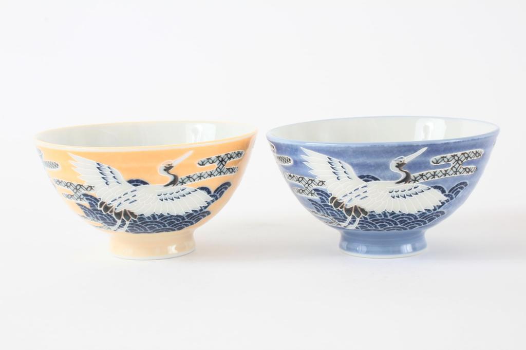 Mino Ware Pair of Rice Set of Made in Crane Blue MIG013 Bowls, 2, Medium-Sized, Japan, Design, & Orange,