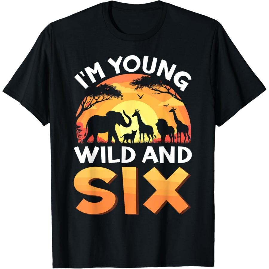 Young Wild and Six Kids 6th Birthday Safari Zoo Animals T-Shirt S