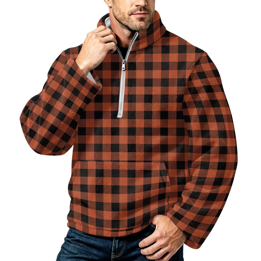 Men's Plaid Print Flannel Zip-Up Sweatshirt with Stand Collar, Fall Winter Casual Wear