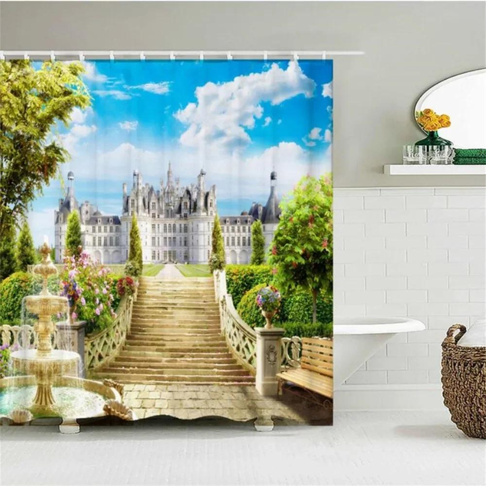 Home Wall Decor European Building Garden Patio Landscape Shower Curtains Bathroom Curtain Waterproof Bath Curtains for Bathroom