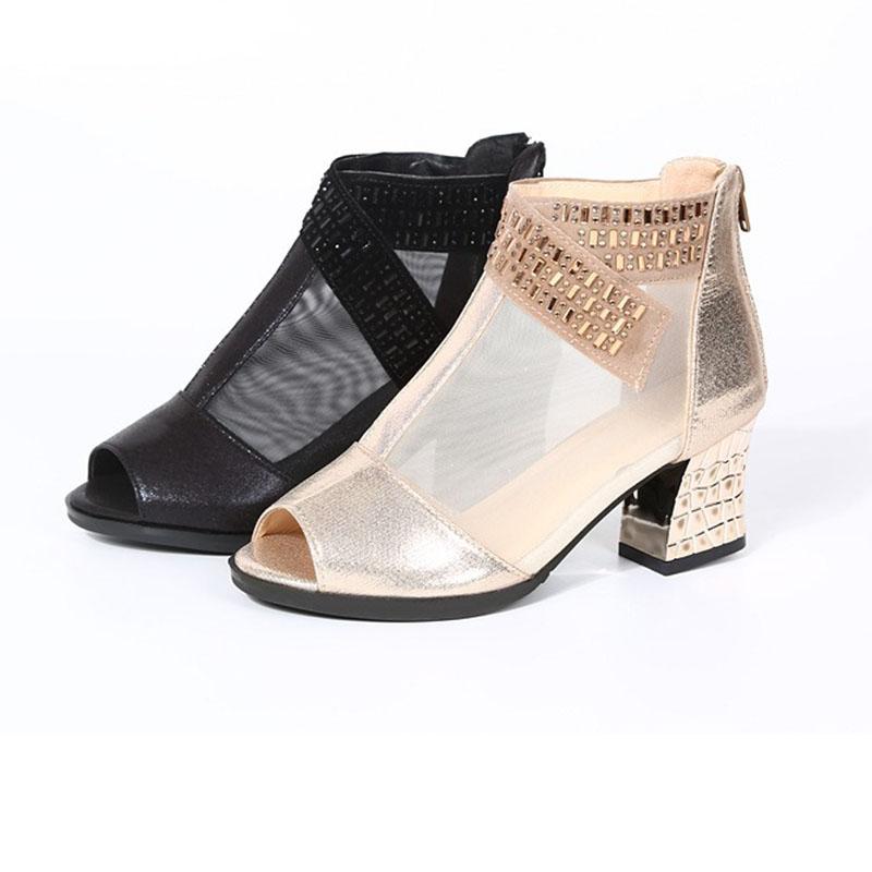 Gold Mesh Peep Toed Jazz Boots Modern Dance Shoes High Top Soft Soled Women's Sandals Middle Heel Social Dance Shoes Outdoor