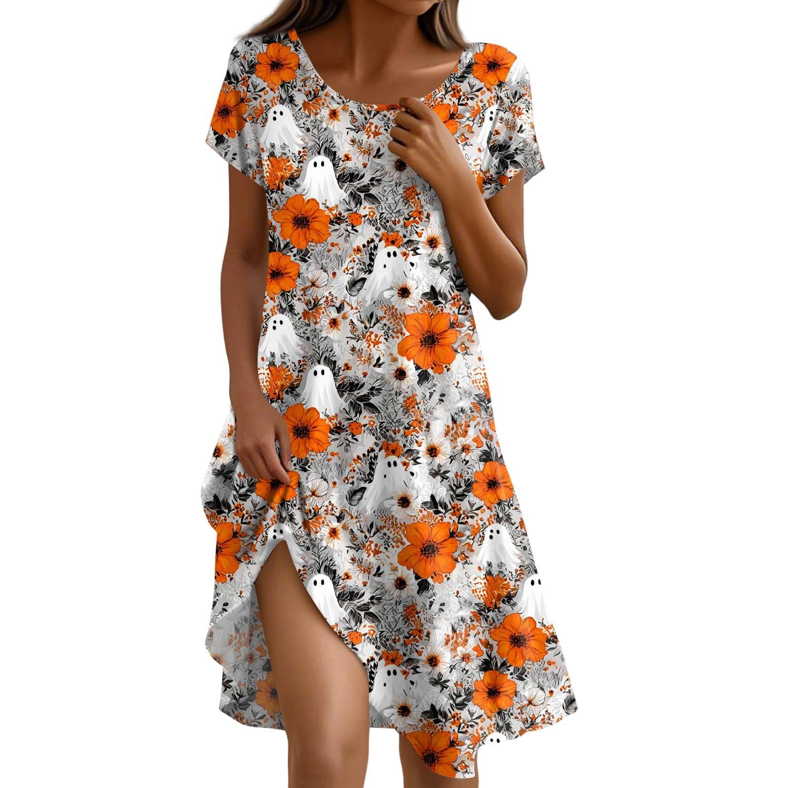 

Платье с коротким рукавом для женщин, повседневное, свободного кроя, летний сарафан, платье с принтом и карманами S оранжевый