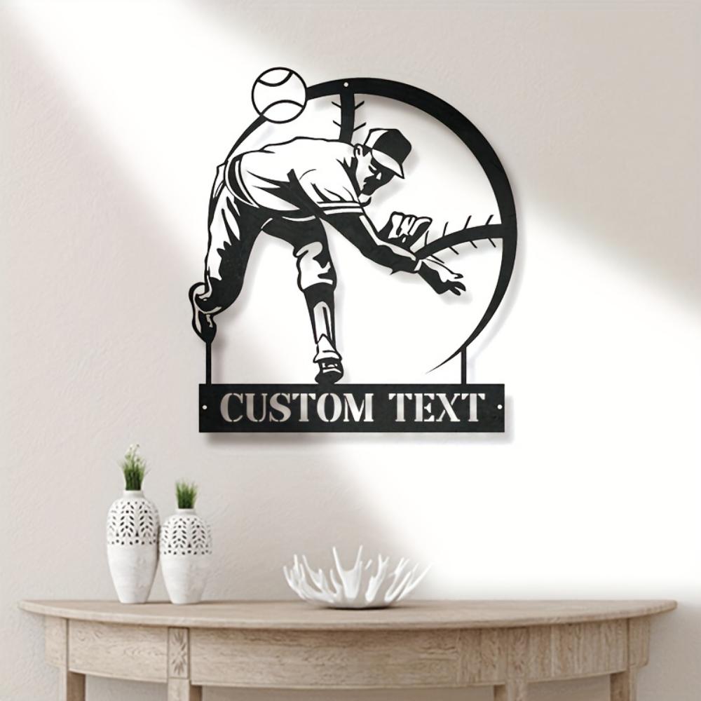 Stylish Black Baseball Player Metal Wall Art Custom Name Address Home Training Decor