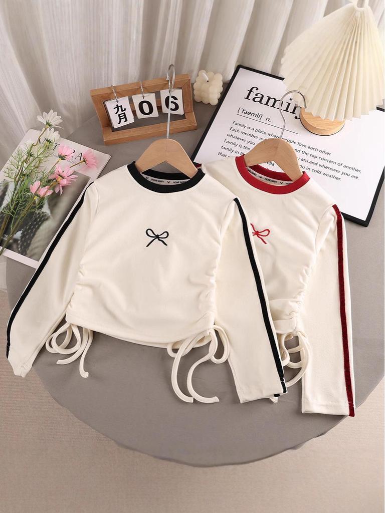 Girls' Embroidered Bow Long-Sleeve T-Shirt for Spring & Autumn