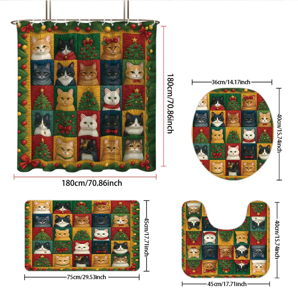 4pcs fabric splicing Christmas cat print bathroom set 180x180 waterproof shower curtain, floor mat, U-shaped mat, toilet mat
