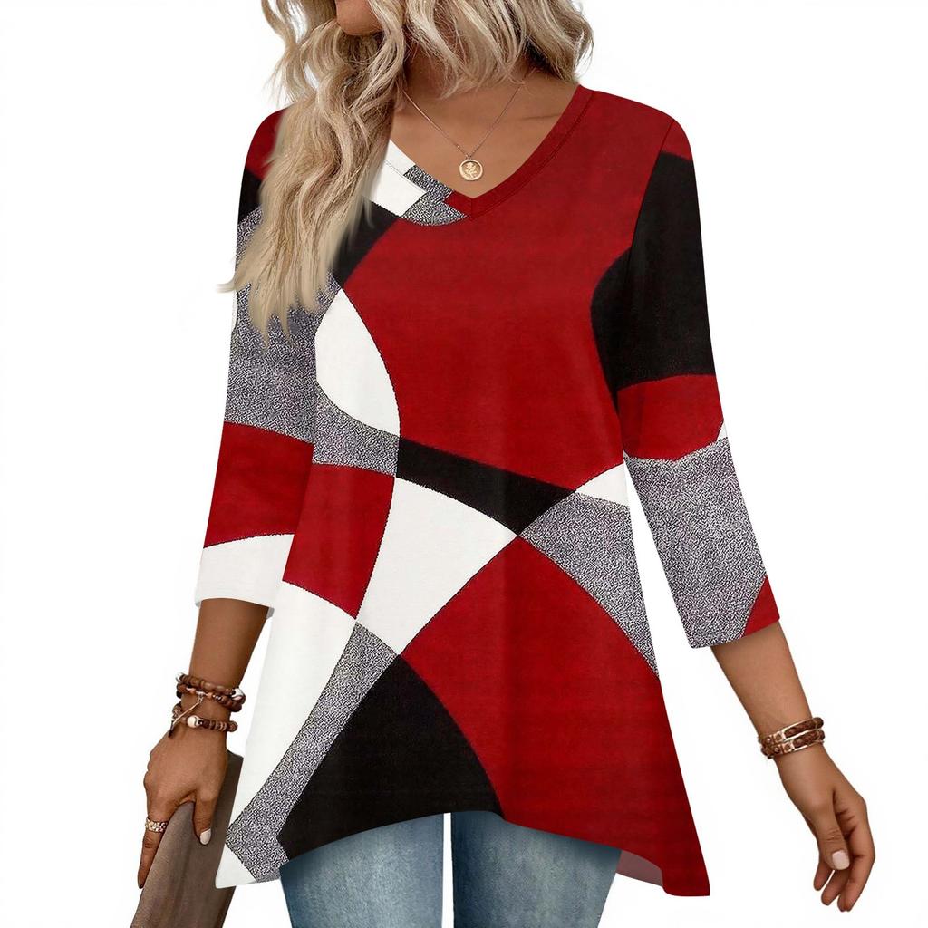 Dámské topy s výstřihem do V a 3/4 rukávem, ležérní košile střední délky, módní tuniky s potiskem