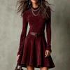Damen Vintage Halbhoher Kragen Langarm Kurzkleid Hohe Taille Falten Reißverschluss Figurbetonte Kleider