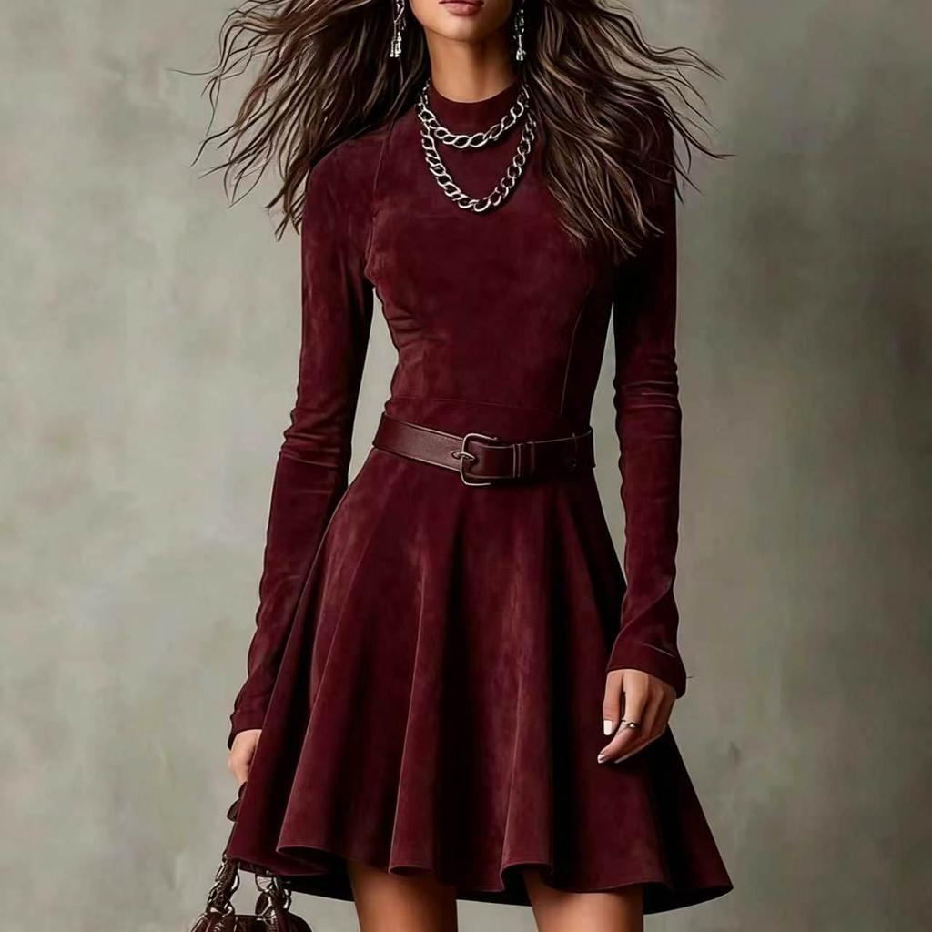 Damen Vintage Halbhoher Kragen Langarm Kurzkleid Hohe Taille Falten Reißverschluss Figurbetonte Kleider