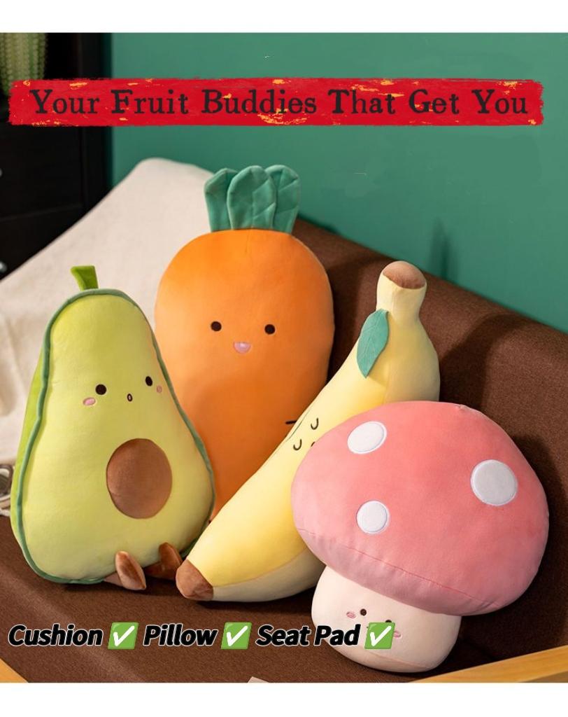 Kawaii Avocado Banana Carrot Mushroom Large Plush Pillow, Soft Stuffed Fruit Vegetable Plushie Toy Gift