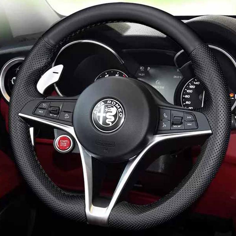 hand-stitched high-quality non-slip black Genuine Leather Car Steering Wheel Cover For Alfa Romeo Giulia Stelvio 2015-2018