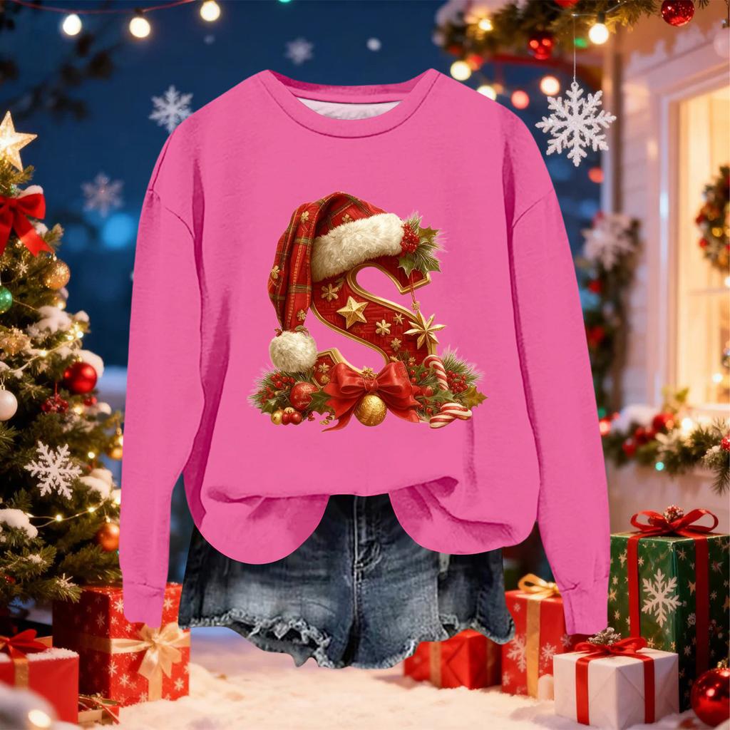 Women's Fashionable Casual Long-Sleeved Christmas Letter Print Crew-Neck Sweatshirt